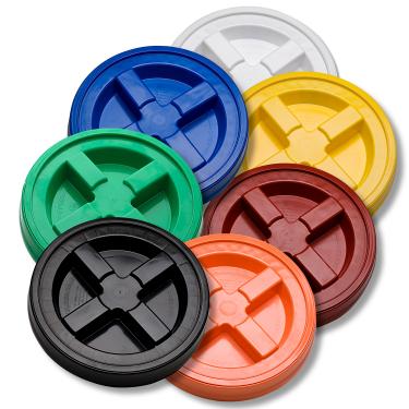 Gamma Seal 7 Color Pack With Pails-ONE EACH OF White, Blue, Yellow, Black, Orange, Red & Green <br>Complete Including Lids, Adapter Rings, and Gaskets<br>7 White 90 mil Food Grade 5 Gallon Pails